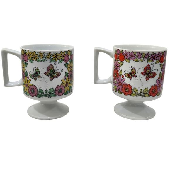 Vintage 1960s-70s Pedestal Mugs – Pair – Retro Butterfly & Floral Design - Picture 1 of 15
